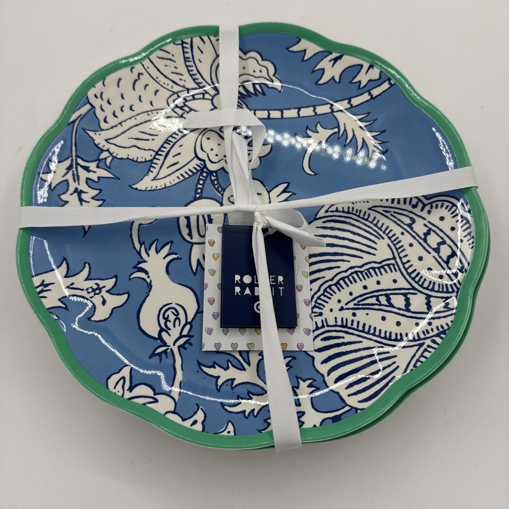 Roller Rabbit x Target Set of 4 Floral Vines Melamine 11" Dinner Plates Blue NWT